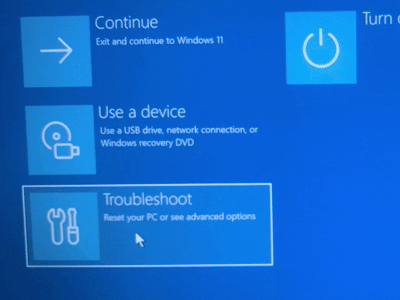 Screenshot of the 'Choose an option' screen with Troubleshoot highlighted.